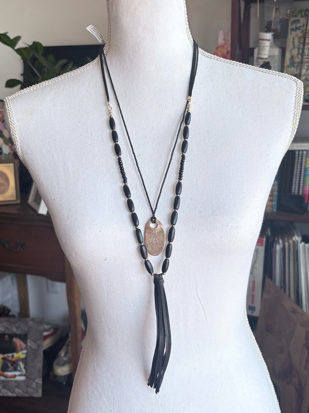 NWT Free People Black Beaded Layered Necklace with Tassel